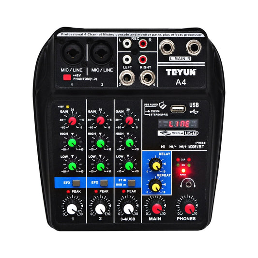 4CH USB audio Mixer, Sound Mixing Console, Bluetooth, USB, Record, Computer Playback, 48V Phantom Power, Delay, Repeat Effect, 4 Channels USB Audio Mixer