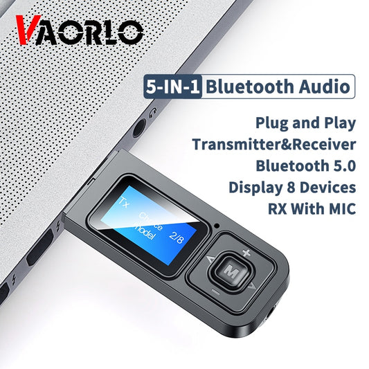 5-IN-1 USB Dongle Bluetooth 5.0 Audio Receiver Transmitter With LCD Display Mini 3.5mm AUX RCA Wireless Adapter With MIC For TV