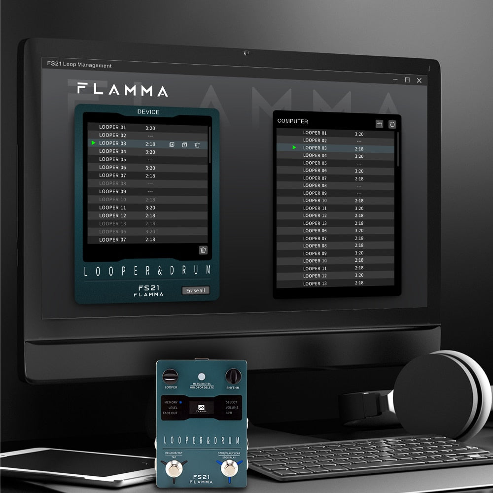 FLAMMA FS21 Drum Machine Looper Guitar Effcts Pedal 160 Minutes Looper 100 Drum Grooves Support Software Editing with LED Screen