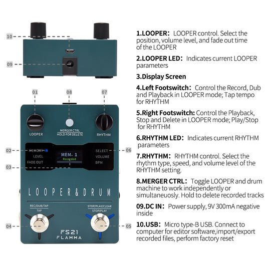FLAMMA FS21 Drum Machine Looper Guitar Effcts Pedal 160 Minutes Looper 100 Drum Grooves Support Software Editing with LED Screen