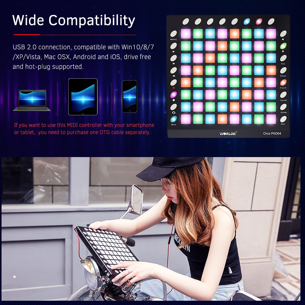 WORLDE PAD 3 Specifications New Shelves 64 MIDI Drum Pad Controller USB With Backlight Slider Electronic Musical Instruments