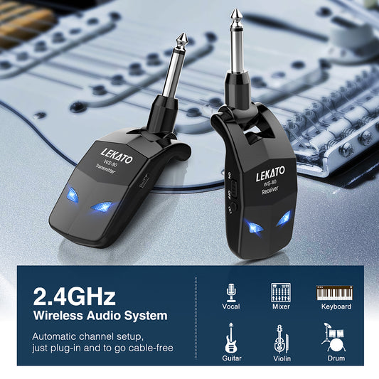 2.4GHz Guitar Wireless System Transmitter Receiver. Wireless Guitar Bass System Built-In Rechargeable Guitar Transmitter