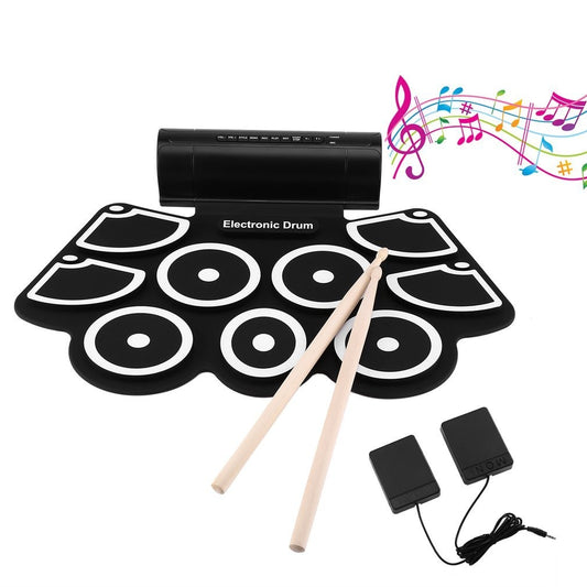 Portable Silicone USB Powered Electronic Drum Pad Kit Digital MIDI Roll-up with Drumsticks Foot Pedals Foldable