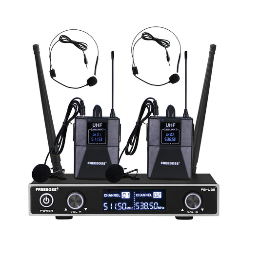 Dual Way UHF Fixed Frequency Wireless Microphone System with 2pcs Bodypack + 2pcs lavalier&amp;headset Speech Mic. Freeboss FB-U35H2