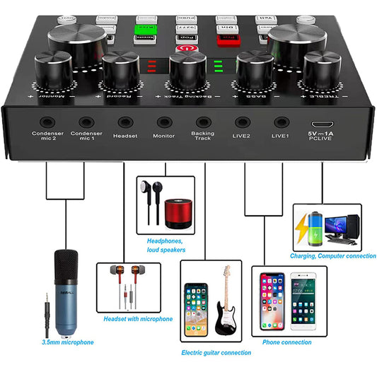 Audio Interface V8S Sound Card Kit Stereo Microphone Phantom Power Recording Sound Music Support Mainstream Live Software Mixer