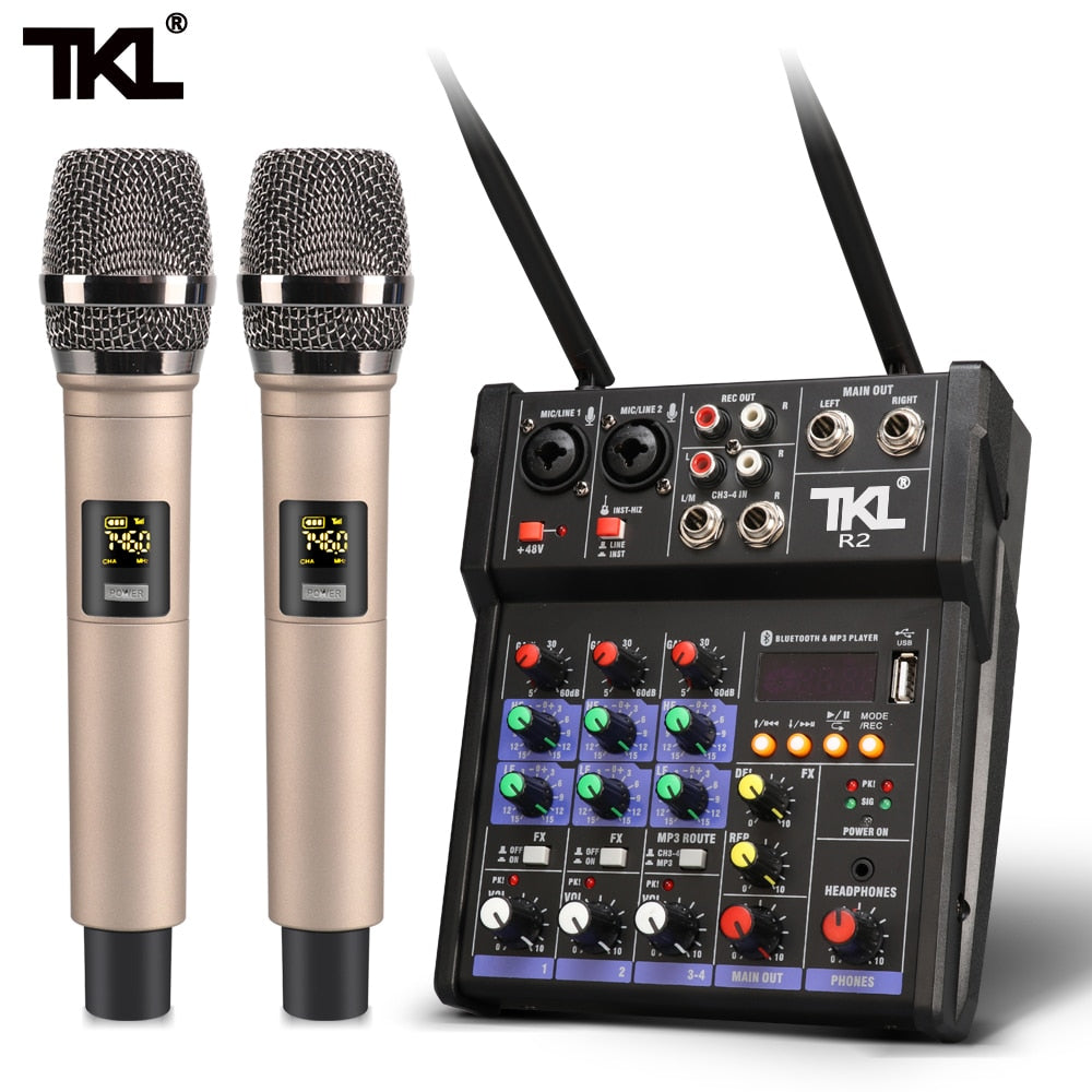 TKL 4 channel audio mixer console with wireless microphone sound mixing with Bluetooth USB mini dj mixer