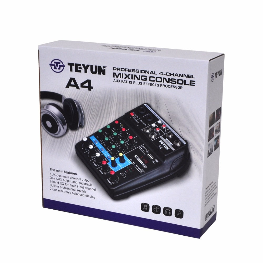 4CH USB audio Mixer, Sound Mixing Console, Bluetooth, USB, Record, Computer Playback, 48V Phantom Power, Delay, Repeat Effect, 4 Channels USB Audio Mixer