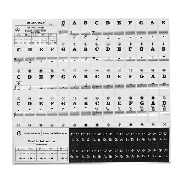 Piano Stickers for 37/49/54/61/88 Key Piano MIDI Keyboards Music Note Stickers Removable Full Set Piano Keyboard Stickers