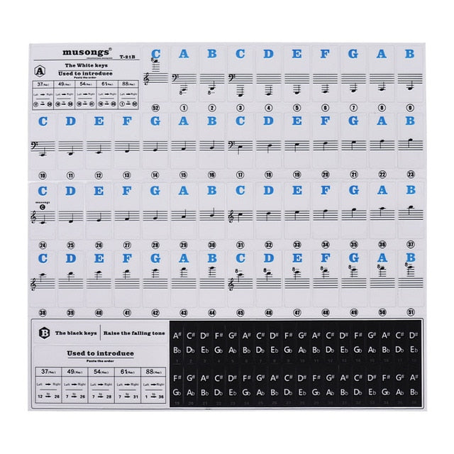 Piano Stickers for 37/49/54/61/88 Key Piano MIDI Keyboards Music Note Stickers Removable Full Set Piano Keyboard Stickers