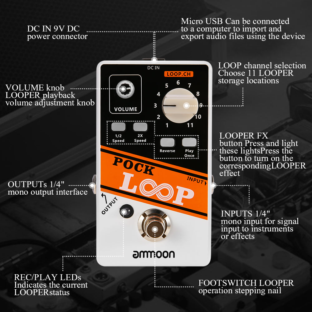 ammoon STEREO Looper POCK LOOP Guitar Effect Pedal 11 Loopers Max.330mins Recording Time Supports 1/2 &amp; 2X Speed Guitar Pedal