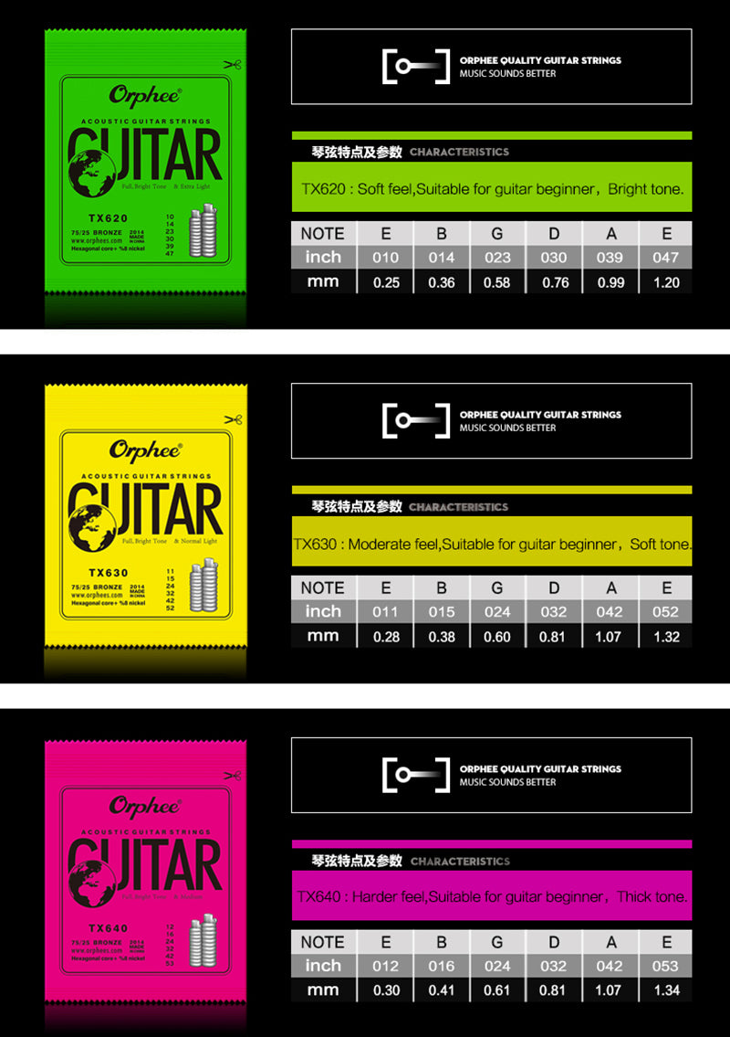 Orphee Strings for Acoustic Guitar TX Series Green Phosphor Folk Hexagonal Carbon Steel Metal String Guitar Parts Accessories