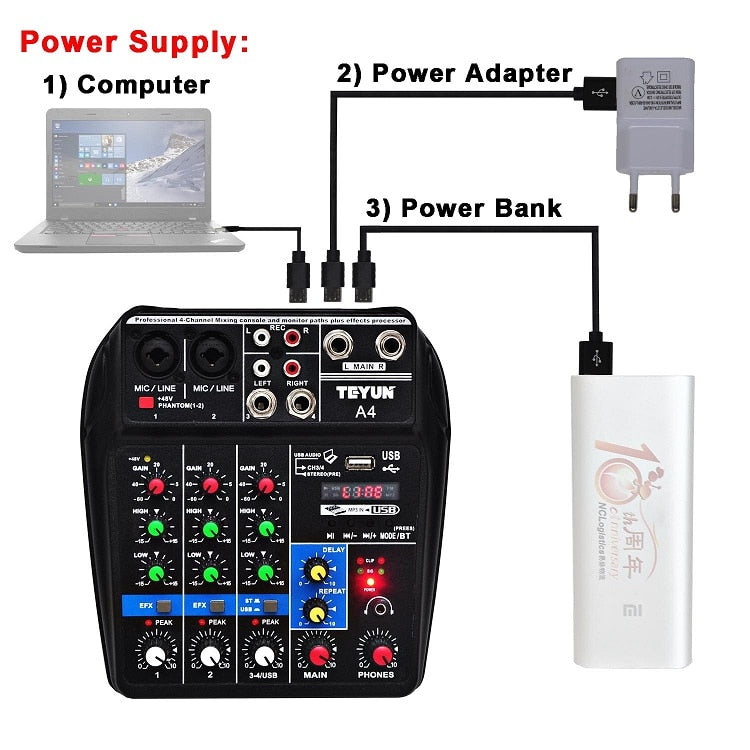 4CH USB audio Mixer, Sound Mixing Console, Bluetooth, USB, Record, Computer Playback, 48V Phantom Power, Delay, Repeat Effect, 4 Channels USB Audio Mixer