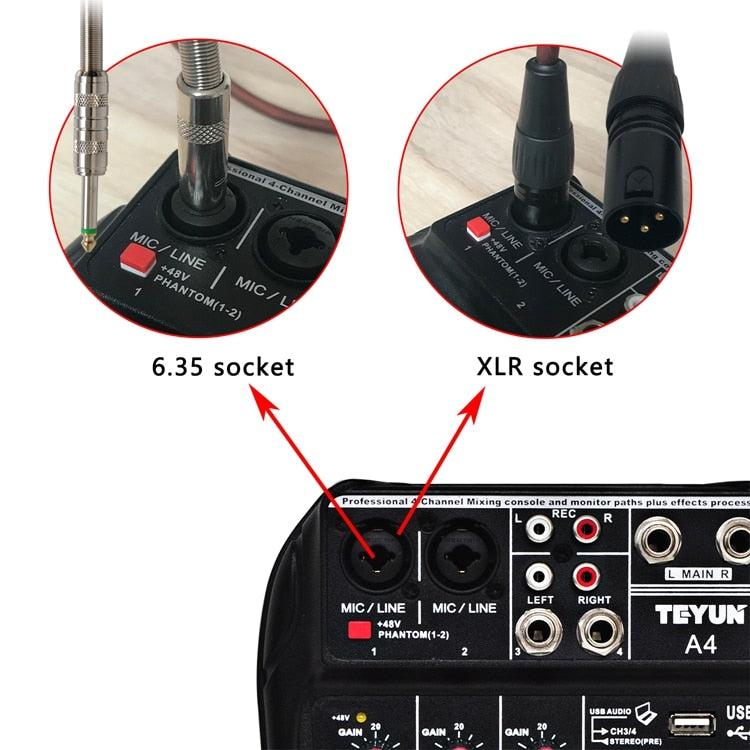 4CH USB audio Mixer, Sound Mixing Console, Bluetooth, USB, Record, Computer Playback, 48V Phantom Power, Delay, Repeat Effect, 4 Channels USB Audio Mixer