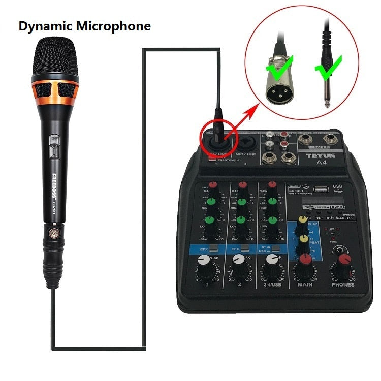 4CH USB audio Mixer, Sound Mixing Console, Bluetooth, USB, Record, Computer Playback, 48V Phantom Power, Delay, Repeat Effect, 4 Channels USB Audio Mixer