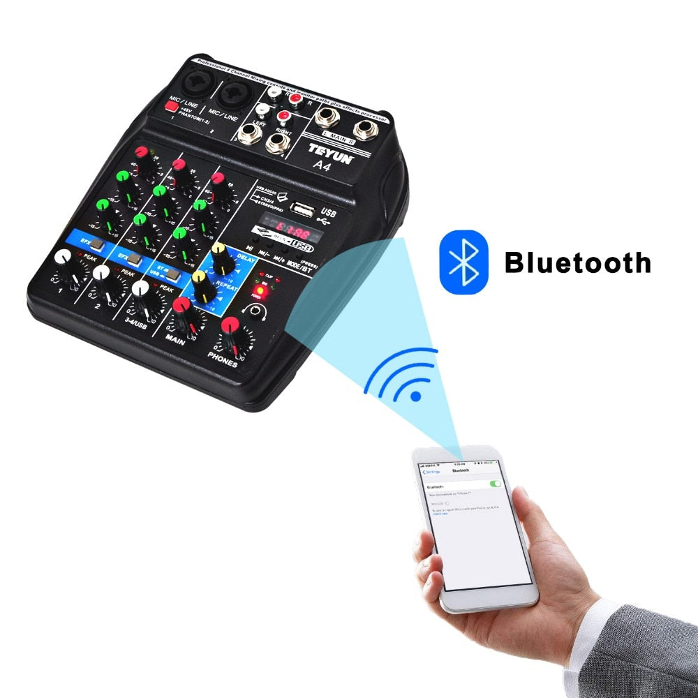 4CH USB audio Mixer, Sound Mixing Console, Bluetooth, USB, Record, Computer Playback, 48V Phantom Power, Delay, Repeat Effect, 4 Channels USB Audio Mixer