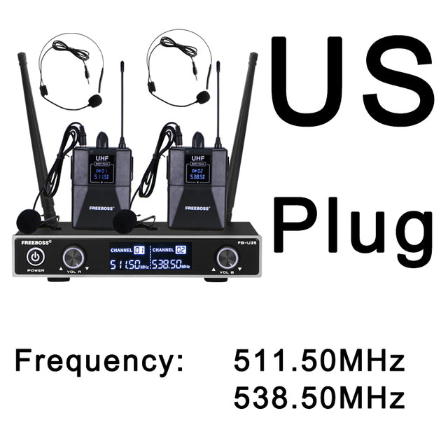 Dual Way UHF Fixed Frequency Wireless Microphone System with 2pcs Bodypack + 2pcs lavalier&amp;headset Speech Mic. Freeboss FB-U35H2