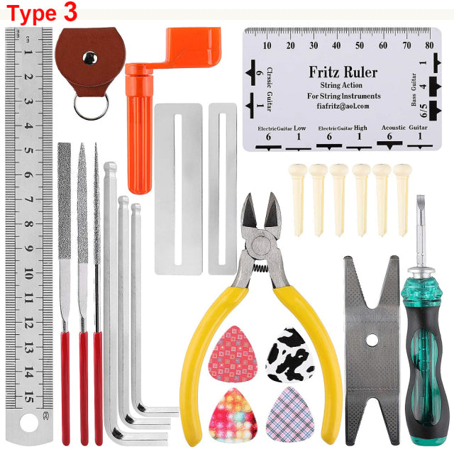 Guitar Repair Maintenance Cleaning Tools Kit 3 in 1 Guitar String Winder Cutter Pin Puller Guitar Fret Rocker Leveling File Kit