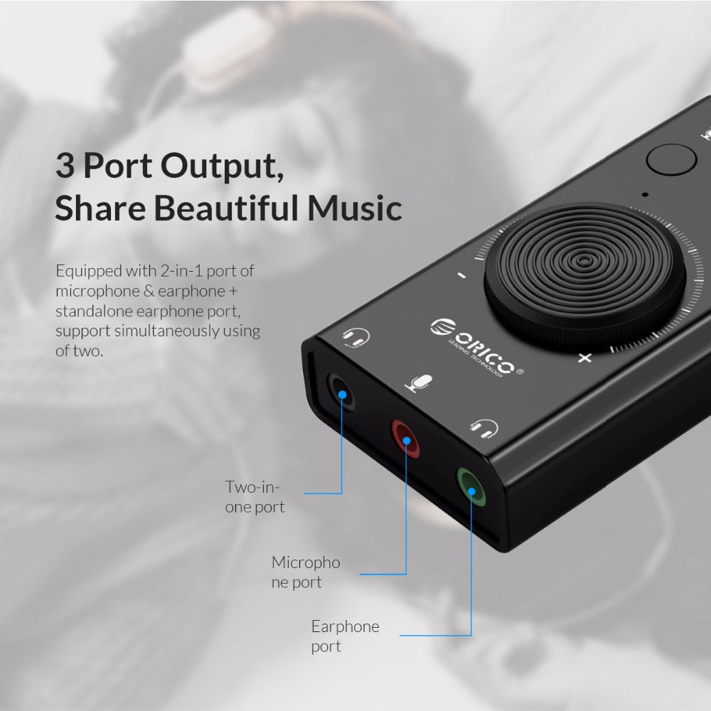 ORICO External USB Sound Card Stereo Mic Speaker Headset Audio Jack 3.5mm Cable Adapter Mute Switch Volume Adjustment Free Drive