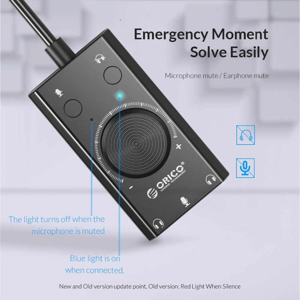 ORICO External USB Sound Card Stereo Mic Speaker Headset Audio Jack 3.5mm Cable Adapter Mute Switch Volume Adjustment Free Drive