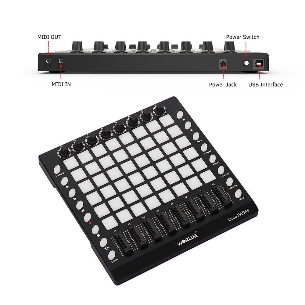 PAD48 Portable USB MIDI Drum Pad Controller 48 RGB Backlit Pads 8 Knobs 16 Buttons 8 Sliders DC USB Power Supply