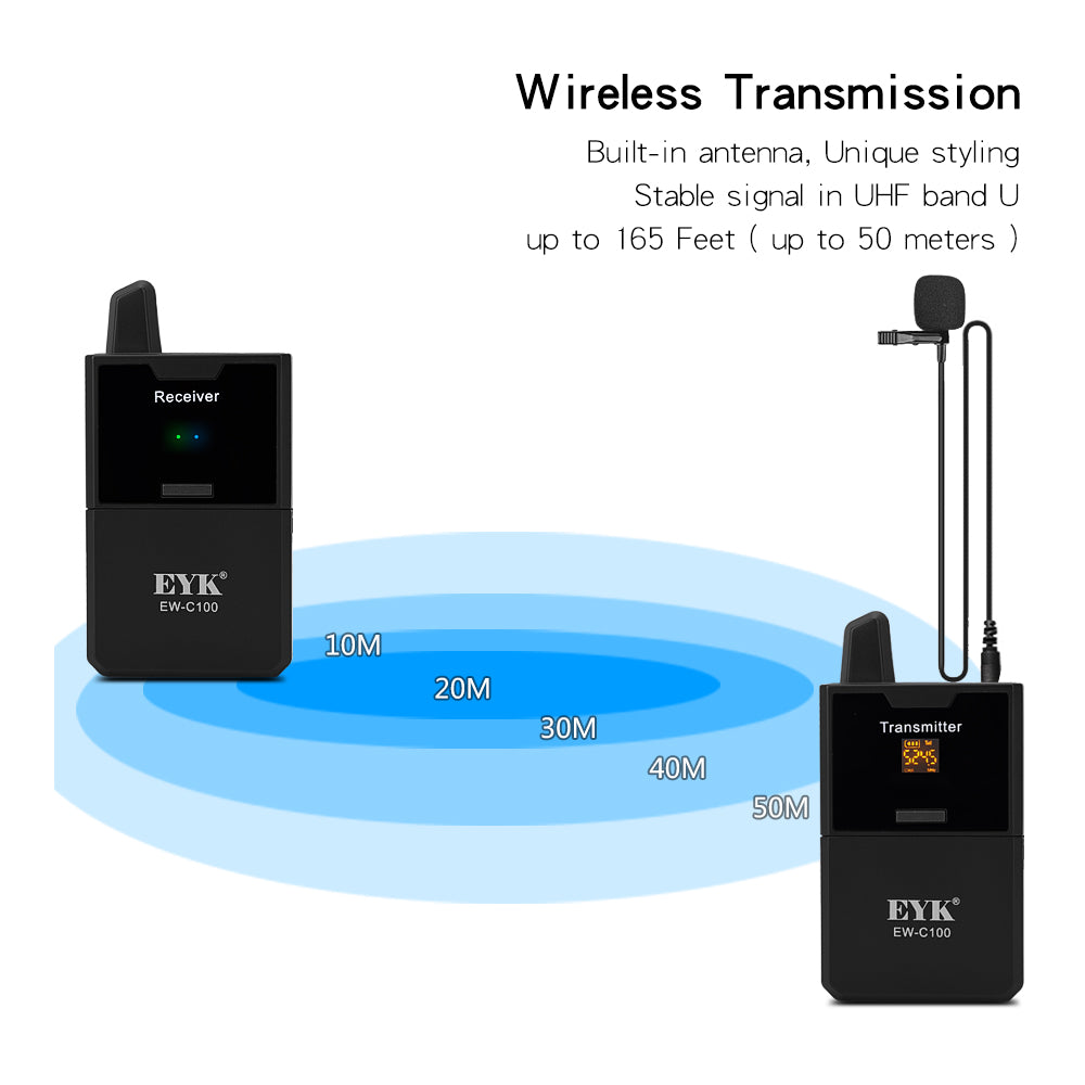 EYK UHF Wireless Lavalier Microphone Real-Time Monitor for Camera DSLR Camcorder Smartphones Stable Reception Video Lapel Mic