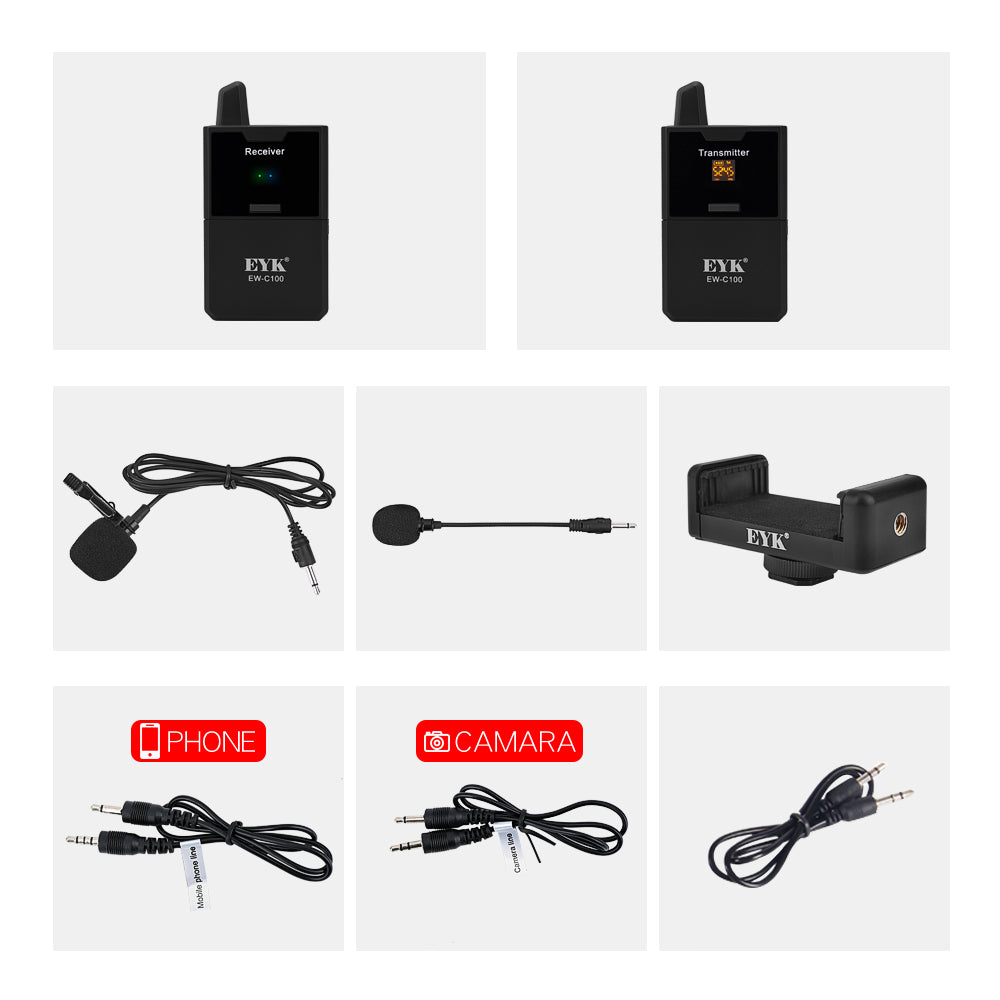 EYK UHF Wireless Lavalier Microphone Real-Time Monitor for Camera DSLR Camcorder Smartphones Stable Reception Video Lapel Mic