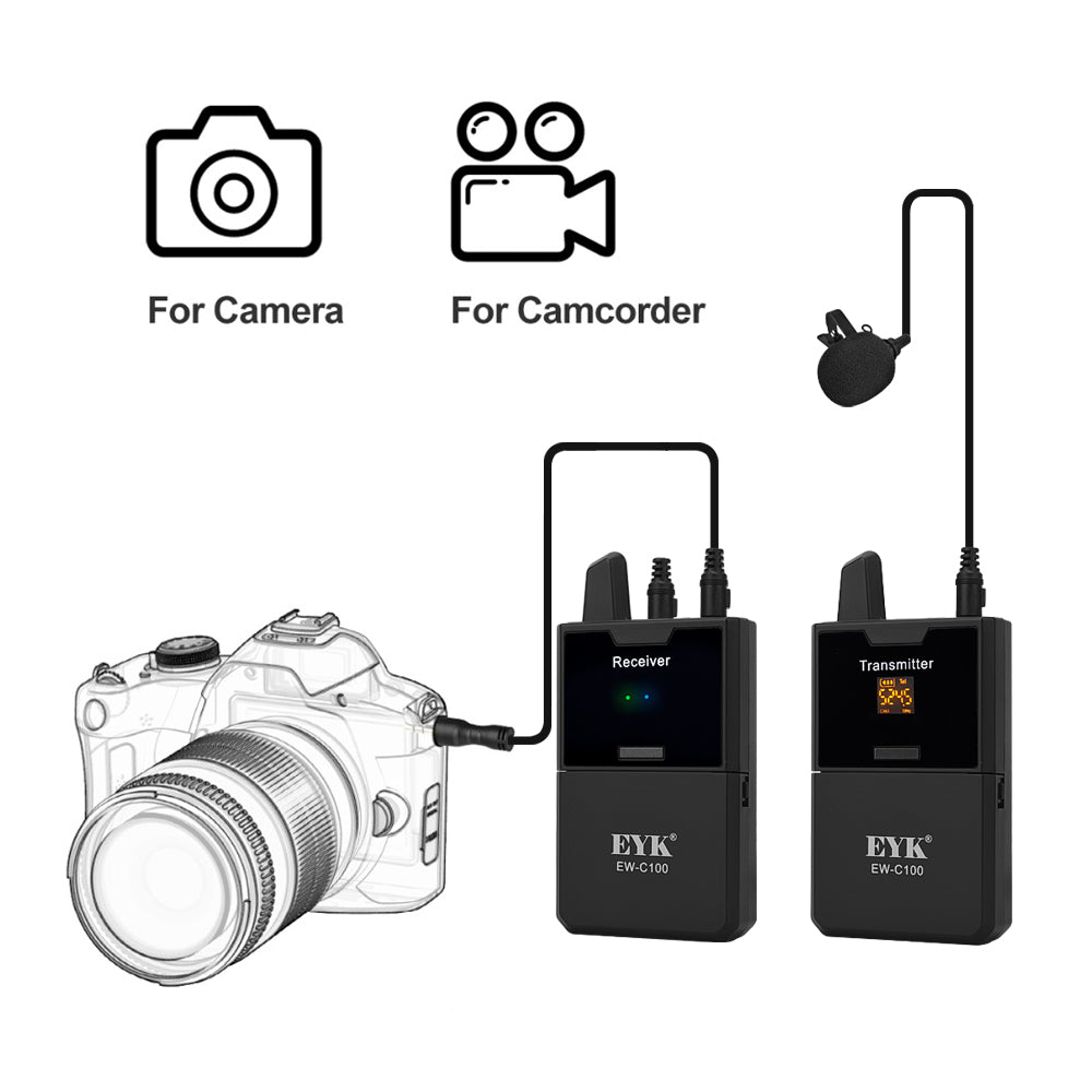 EYK UHF Wireless Lavalier Microphone Real-Time Monitor for Camera DSLR Camcorder Smartphones Stable Reception Video Lapel Mic