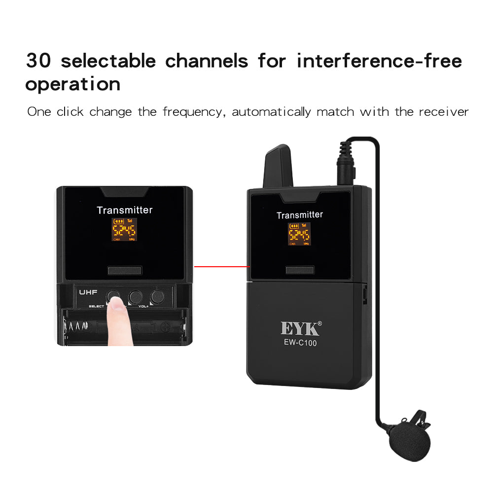 EYK UHF Wireless Lavalier Microphone Real-Time Monitor for Camera DSLR Camcorder Smartphones Stable Reception Video Lapel Mic