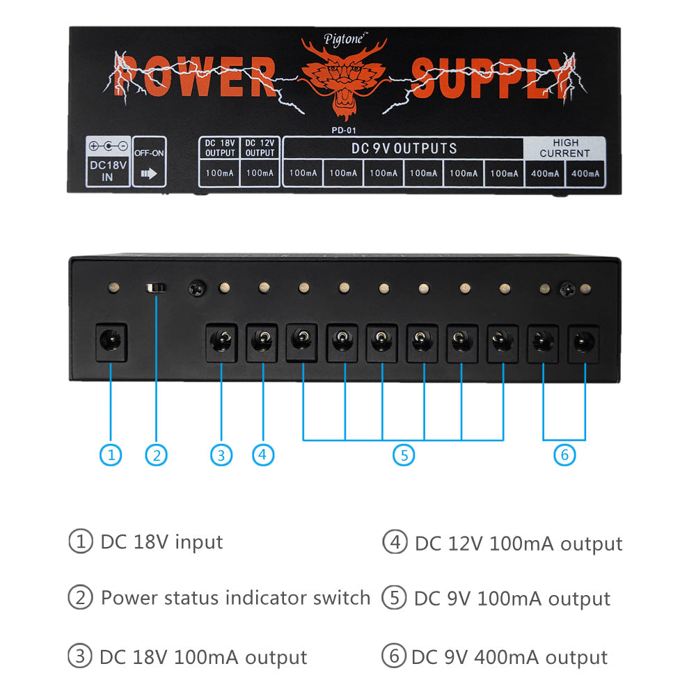 Pigtone PD-01 Guitar Effect Pedals Board Power Supply 10 Way Outputs For 9V/12V/18V Voltage Protection Guitar  Accessories