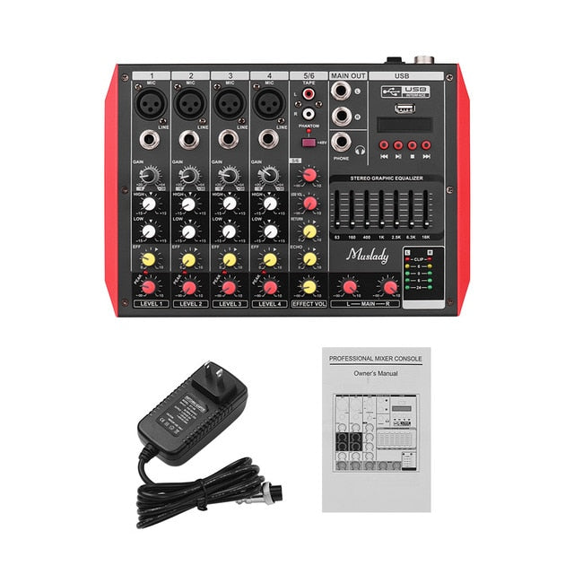 Muslady D6 Audio Mixer Portable 6-Channel Mixer 7-band EQ Mixer Audio Built-in 48V Phantom Power Supports Midi/USB/MP3 Player