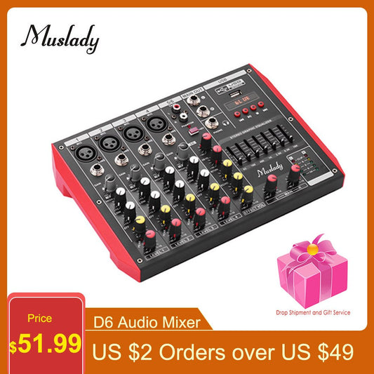 Muslady D6 Audio Mixer Portable 6-Channel Mixer 7-band EQ Mixer Audio Built-in 48V Phantom Power Supports Midi/USB/MP3 Player