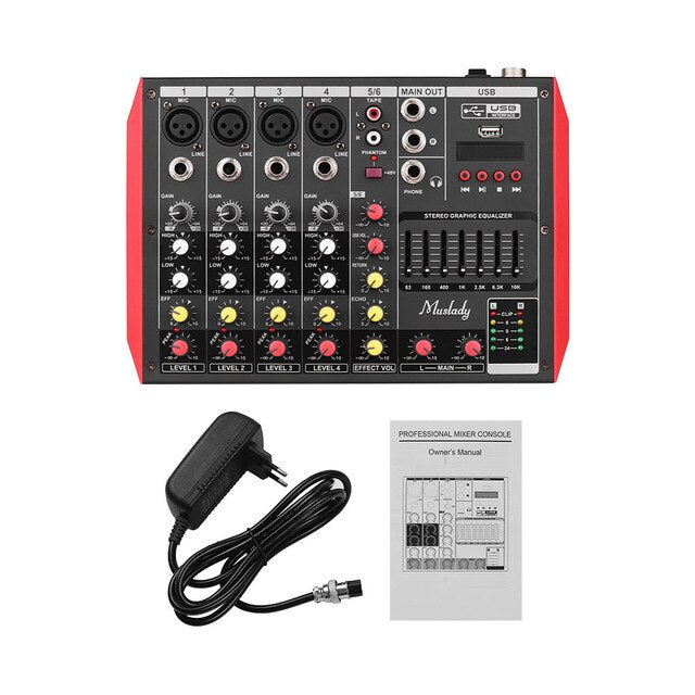 Muslady D6 Audio Mixer Portable 6-Channel Mixer 7-band EQ Mixer Audio Built-in 48V Phantom Power Supports Midi/USB/MP3 Player