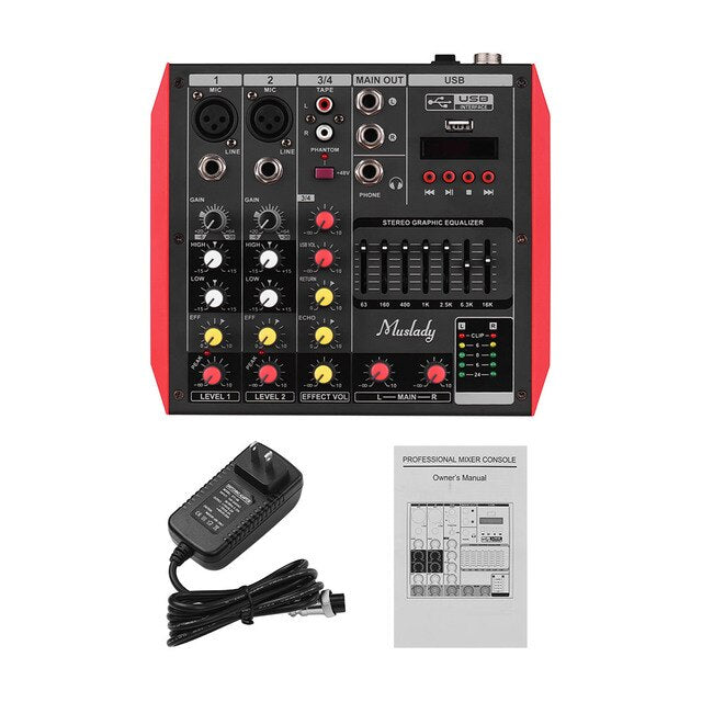 Muslady D6 Audio Mixer Portable 6-Channel Mixer 7-band EQ Mixer Audio Built-in 48V Phantom Power Supports Midi/USB/MP3 Player