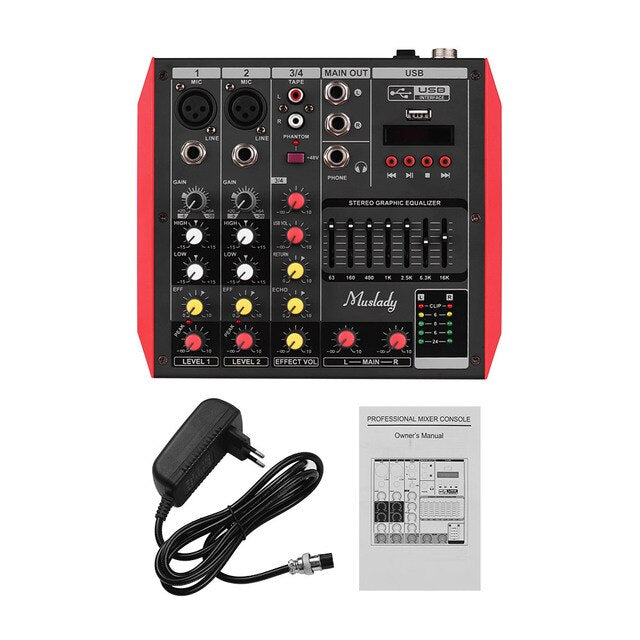 Muslady D6 Audio Mixer Portable 6-Channel Mixer 7-band EQ Mixer Audio Built-in 48V Phantom Power Supports Midi/USB/MP3 Player