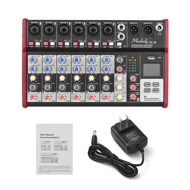 Muslady D6 Audio Mixer Portable 6-Channel Mixer 7-band EQ Mixer Audio Built-in 48V Phantom Power Supports Midi/USB/MP3 Player