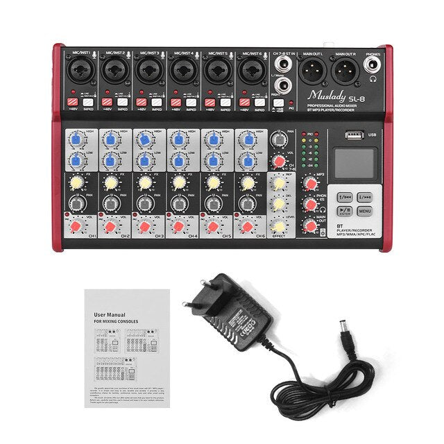 Muslady D6 Audio Mixer Portable 6-Channel Mixer 7-band EQ Mixer Audio Built-in 48V Phantom Power Supports Midi/USB/MP3 Player