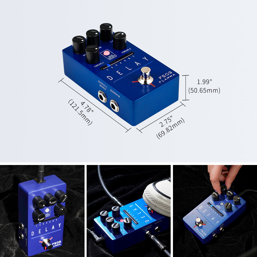 FLAMMA FS03 Guitar Delay Effects Pedal Stereo Delay Pedal 6 Delay Effects with 80s Looper Storable Presets Tap Tempo Trail on