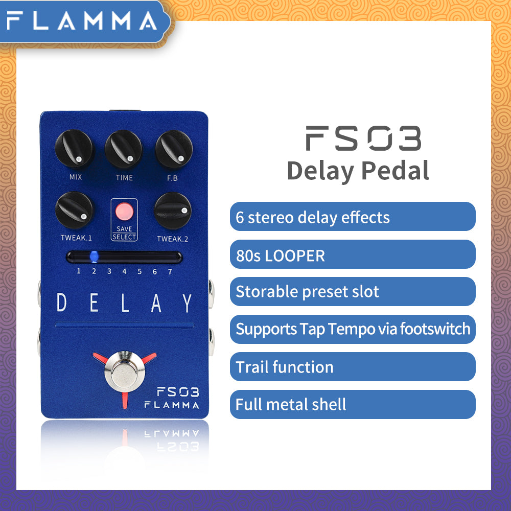 FLAMMA FS03 Guitar Delay Effects Pedal Stereo Delay Pedal 6 Delay Effects with 80s Looper Storable Presets Tap Tempo Trail on