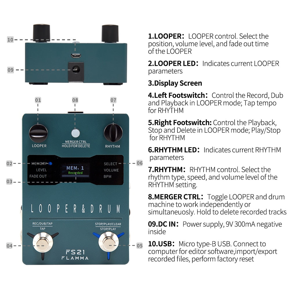 FLAMMA FS21 Drum Machine Looper Guitar Effcts Pedal 160 Minutes Looper 100 Drum Grooves Support Software Editing with LED Screen