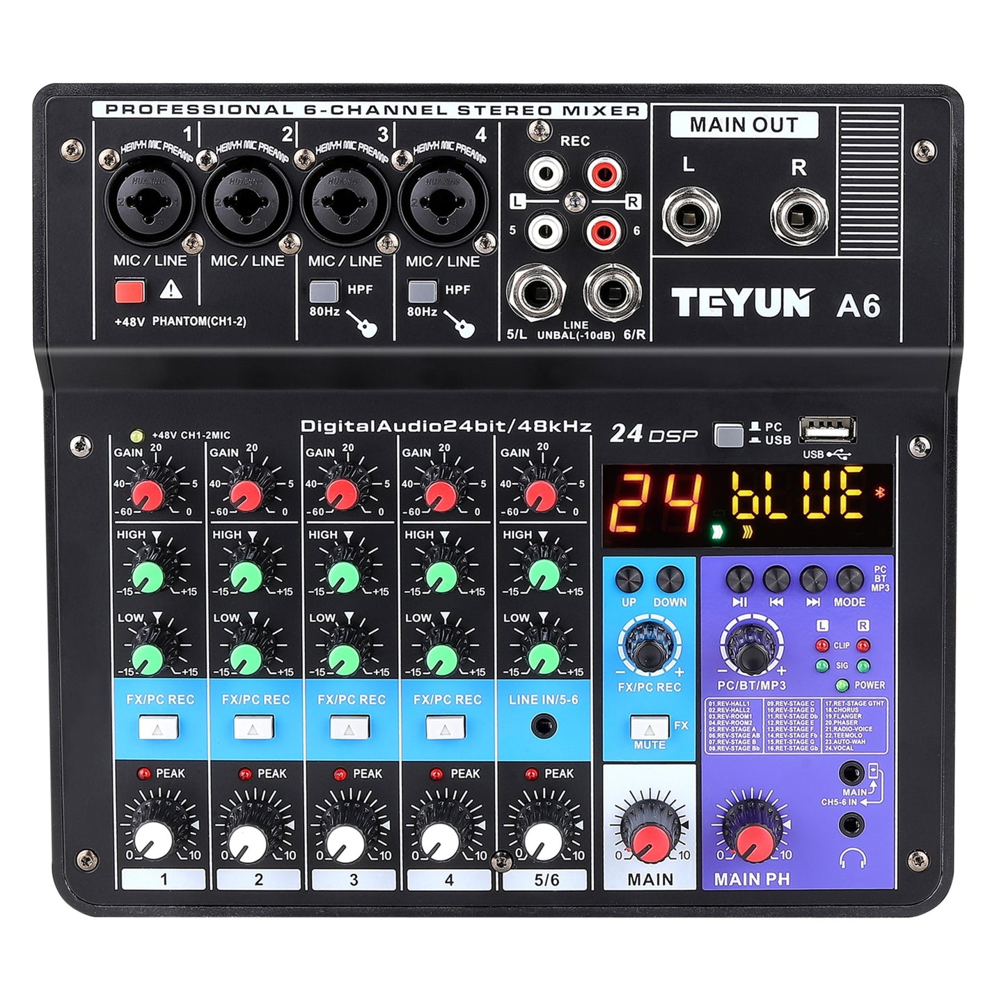 Wireless 6-Channel Audio Mixer Portable Sound Mixing Console USB Interface Computer Input 48V Phantom Power Monitor for Input