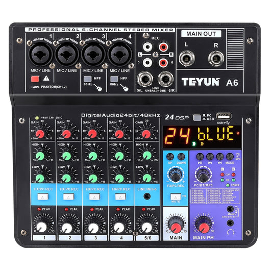 Wireless 6-Channel Audio Mixer Portable Sound Mixing Console USB Interface Computer Input 48V Phantom Power Monitor for Input