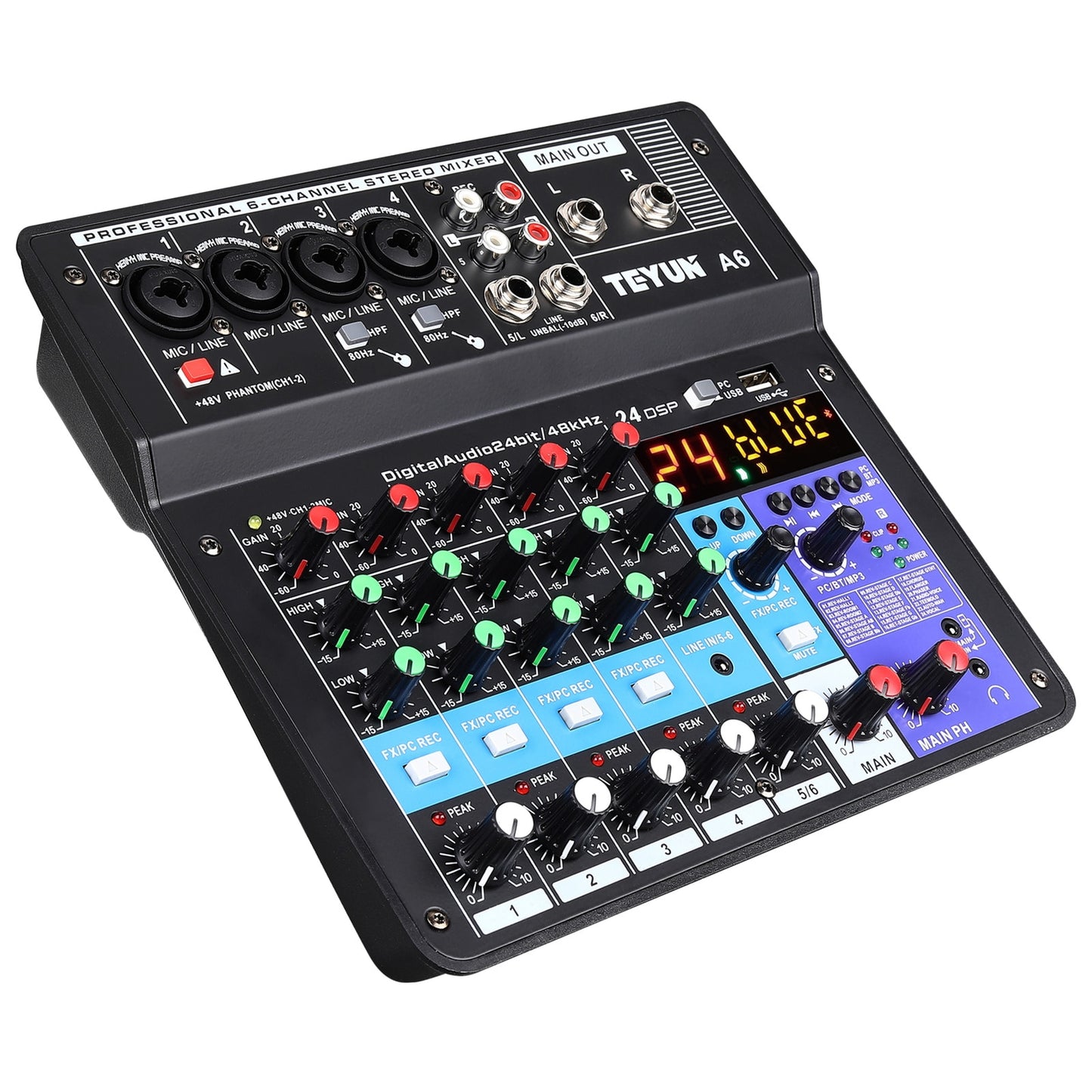 Wireless 6-Channel Audio Mixer Portable Sound Mixing Console USB Interface Computer Input 48V Phantom Power Monitor for Input