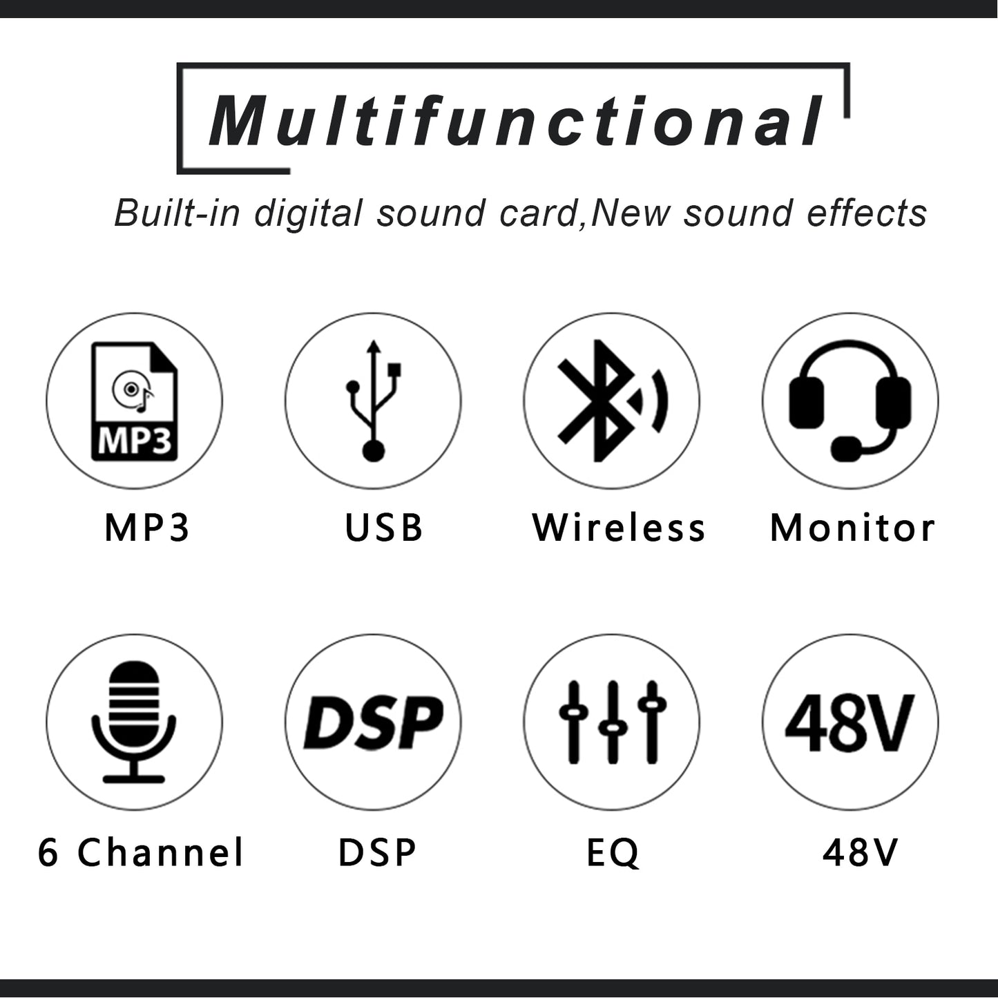 Wireless 6-Channel Audio Mixer Portable Sound Mixing Console USB Interface Computer Input 48V Phantom Power Monitor for Input