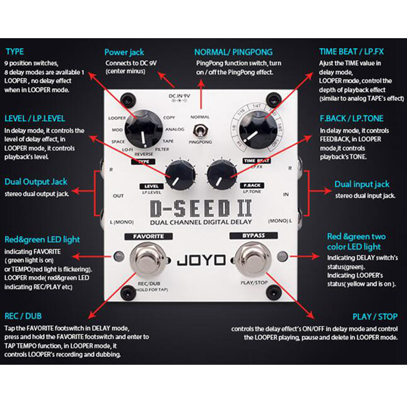 JOYO D-SEED-II Digital Delay Pedal For Electric Guitar Looper &amp; Delay Multi Effect Pedal TAP TEMPO Stereo Guitar Bass Pedal