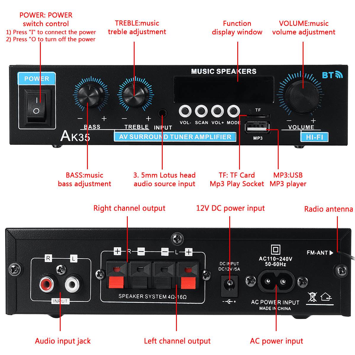 110V/220V 400W+400W Mini 2.0 Channel Digital Amplifier bluetooth 5.0 Receiver USB Music Player Stereo Home/Car/Marine Audio Amp