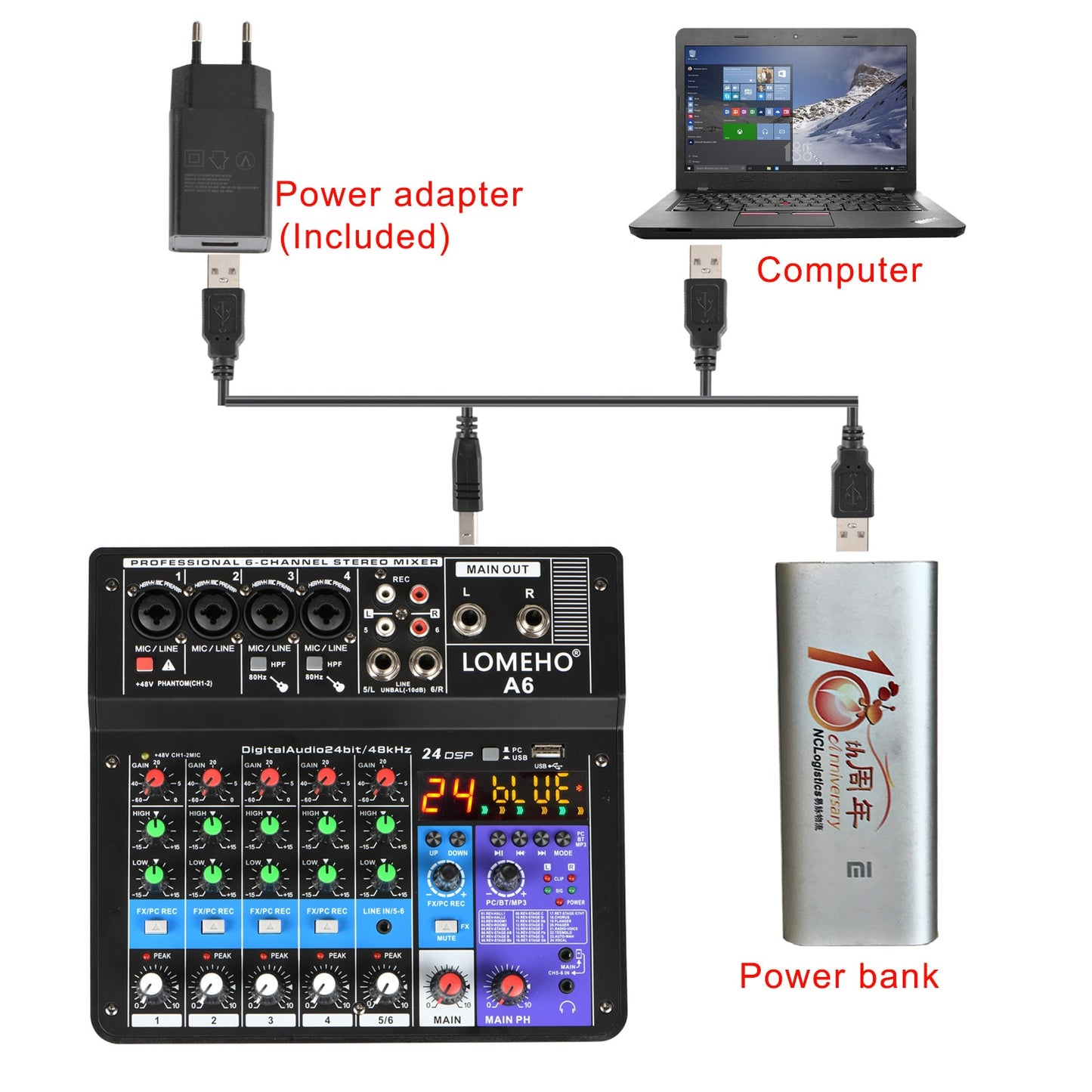 4CH USB audio Mixer, Sound Mixing Console, Bluetooth, USB, Record, Computer Playback, 48V Phantom Power, Delay, Repeat Effect, 4 Channels USB Audio Mixer