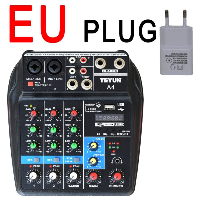 4CH USB audio Mixer, Sound Mixing Console, Bluetooth, USB, Record, Computer Playback, 48V Phantom Power, Delay, Repeat Effect, 4 Channels USB Audio Mixer