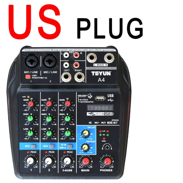 4CH USB audio Mixer, Sound Mixing Console, Bluetooth, USB, Record, Computer Playback, 48V Phantom Power, Delay, Repeat Effect, 4 Channels USB Audio Mixer