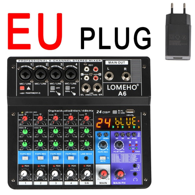 4CH USB audio Mixer, Sound Mixing Console, Bluetooth, USB, Record, Computer Playback, 48V Phantom Power, Delay, Repeat Effect, 4 Channels USB Audio Mixer