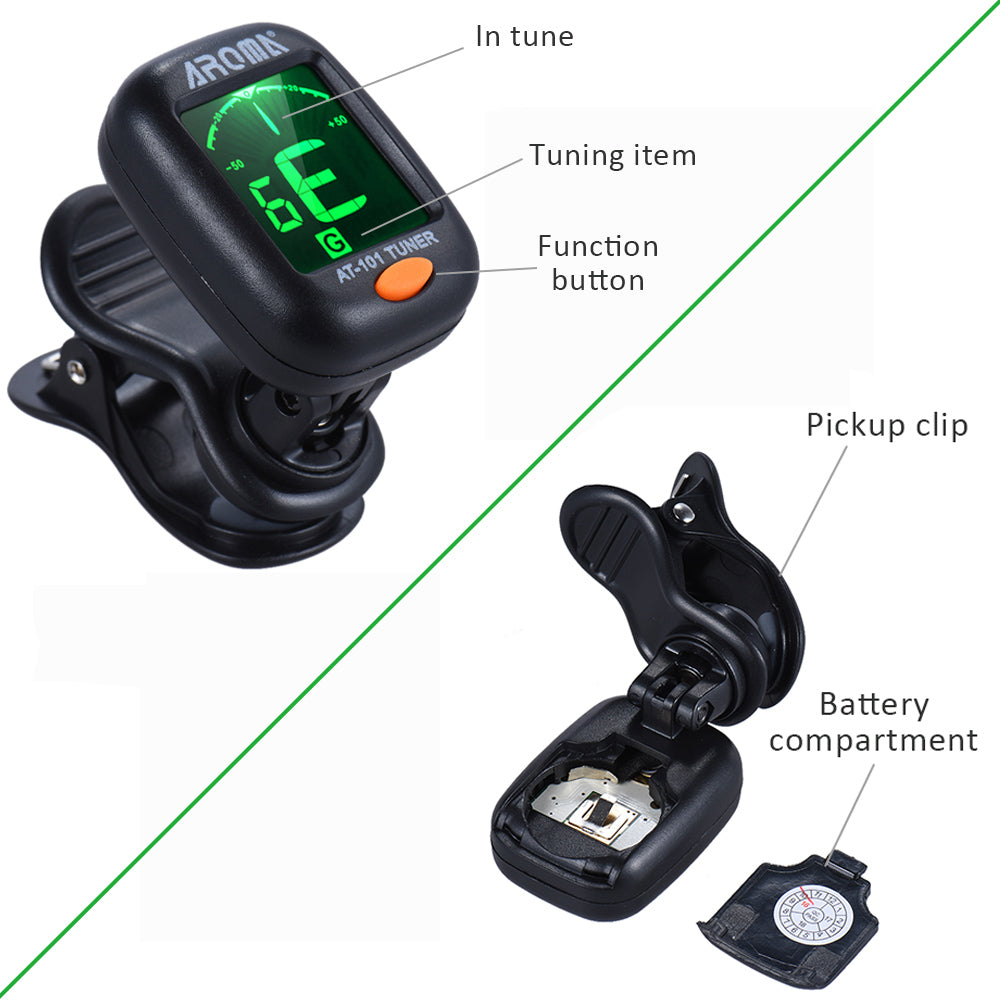 AROMA AT-101 Electric Guitar Tuner Digital Clip Type  Foldable Rotating Clip High Sensitivity Ukulele Guiatr Accessories